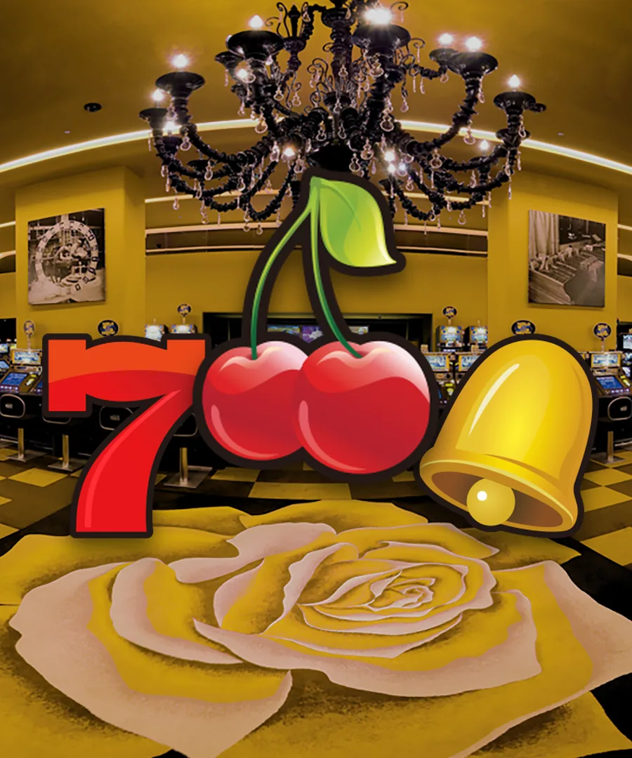 777 Vegas: a lucky seven, cherries and a bell under a chandelier