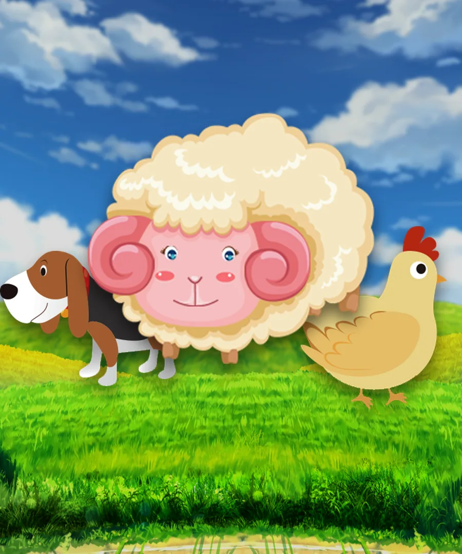 Happy Farm: a sheep, a dog and a hen in green fields