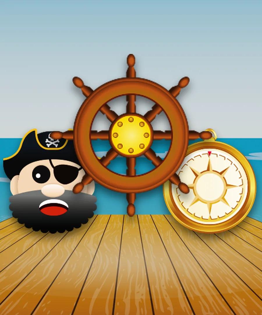 Pirate King: a ship’s wheel, a pirate captain and a compass